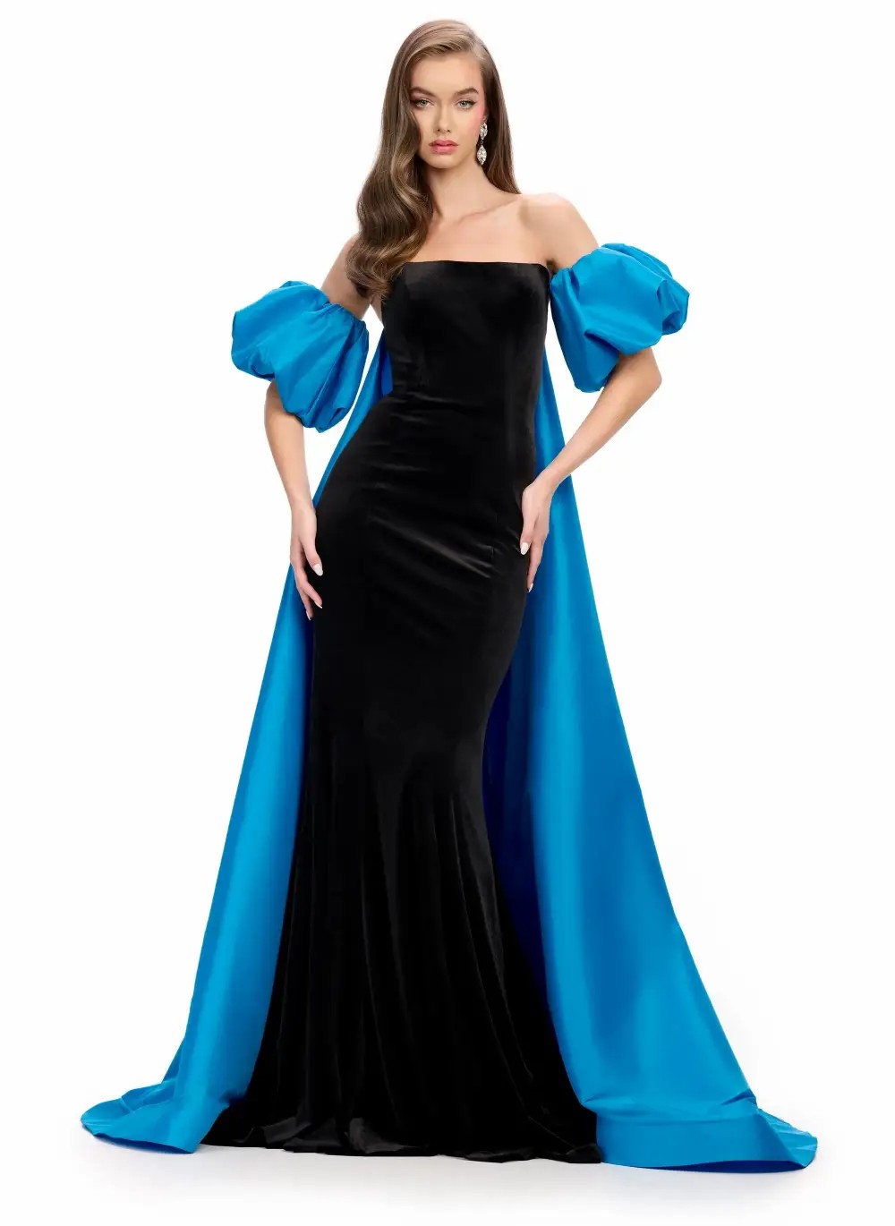 Model wearing a sleeves gown